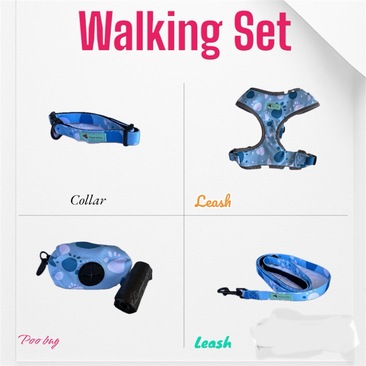 Beautiful Dog Walking Set  (Collar, Harness, Leash & Poo Bag)